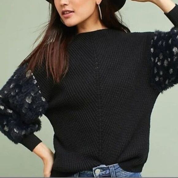 Anthropologie Knitted & Knotted Mock Neck Fuzzy Spotted Print Sleeve Sweater - Picture 6 of 14